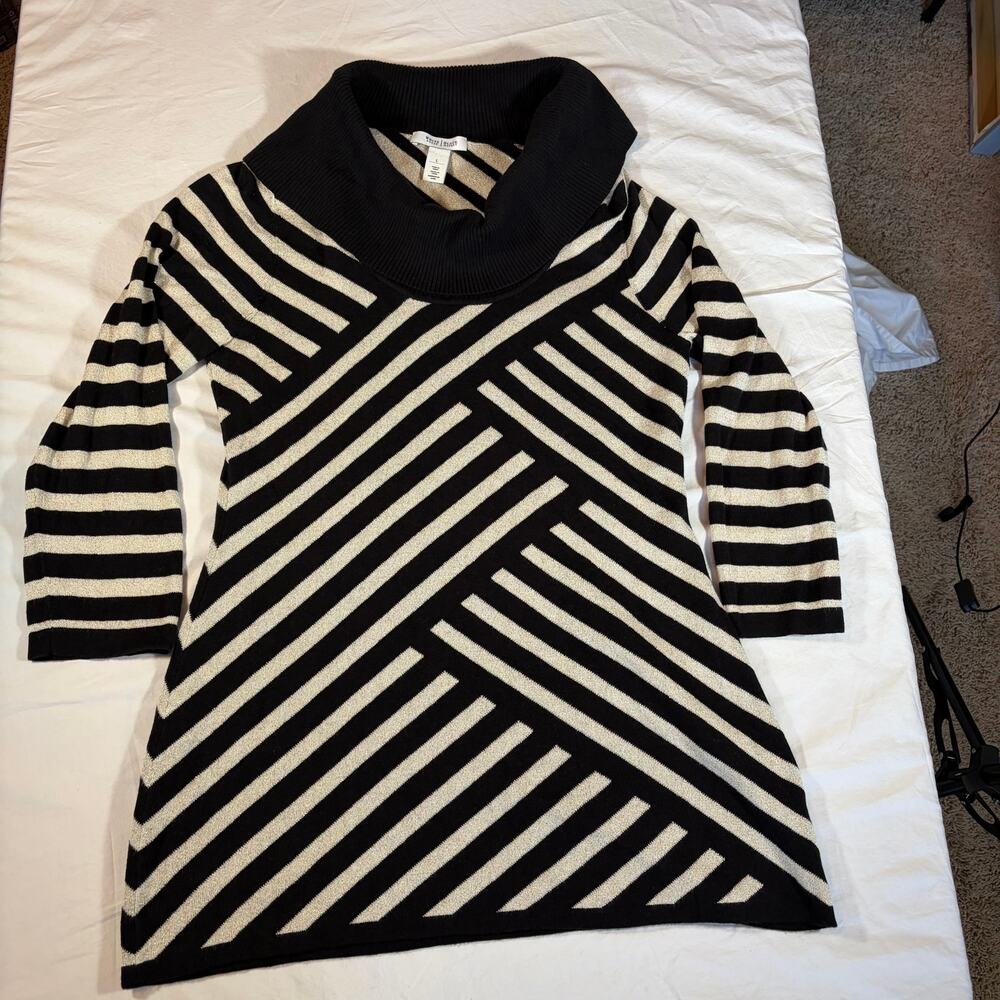 WHBM Women’s sweater tunic length black/cream/gold sparkle stripe. Size L. - Picture 7 of 7